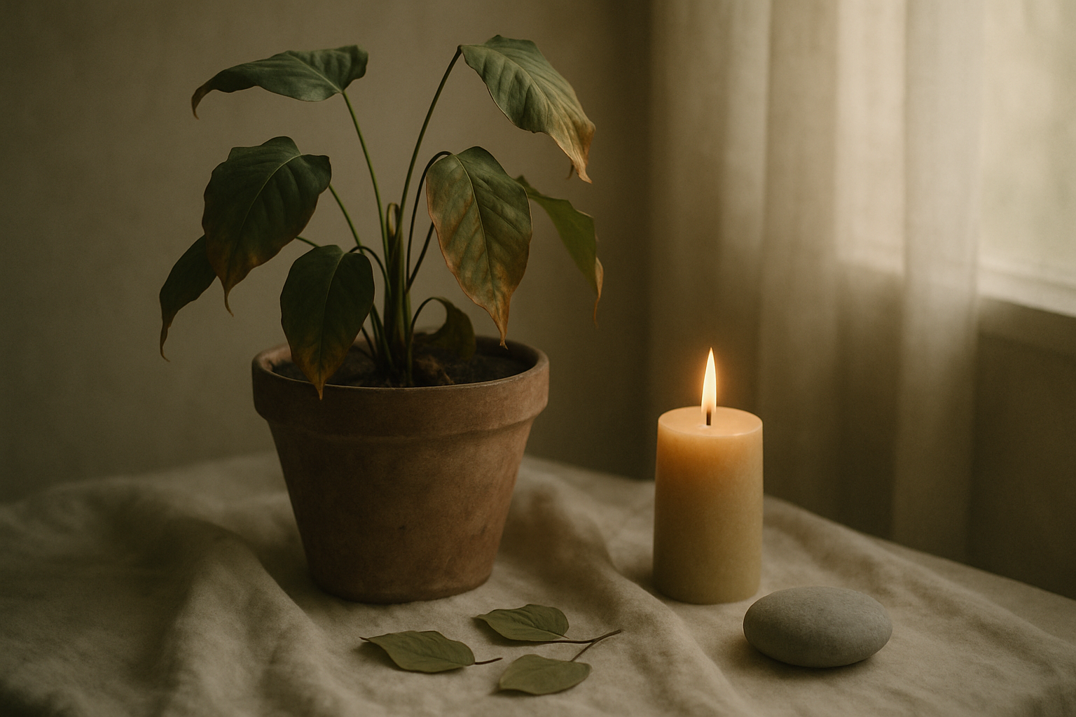 A faded potted plant resting on linen beside a lit candle